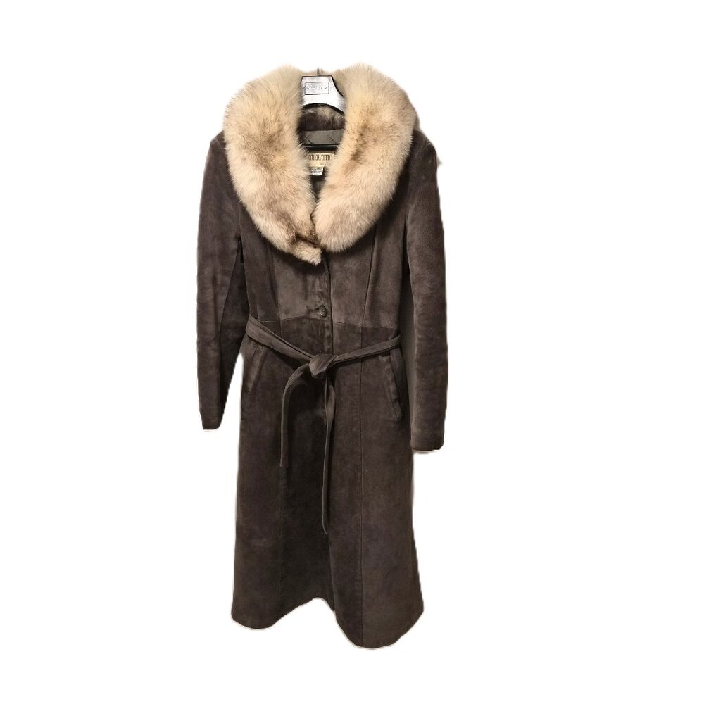 VTG Leather Attic Suede Robe Coat Fox Fur Collar Old Money Mobwife Parisian Chic